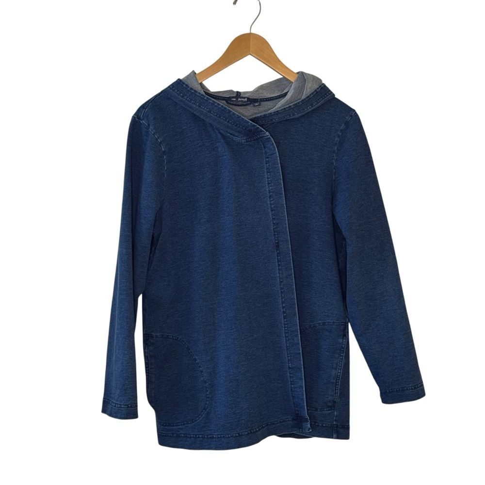 J. Jill Hooded Assymetrical Denim Jacket Coverup Wrap Size Large